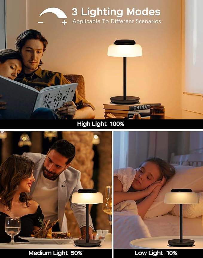 QiMH Battery Operated LED Table Lamp, 5000mAh Waterproof Cordless Desk Lamp with 3 Level Brightness Touch Control, Mini Rechargeable Night Light for Living Room, Bedroom, Outdoor bar (Black) - LeafyLoom