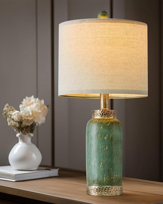 Table Lamp for Bedroom Living Room 20.25" Farmhouse Rustic Vintage Small Lamps Bedside Nightstand Light Home Office Desk Retro Mysterious East Style Deco (Antique Green) - LeafyLoom