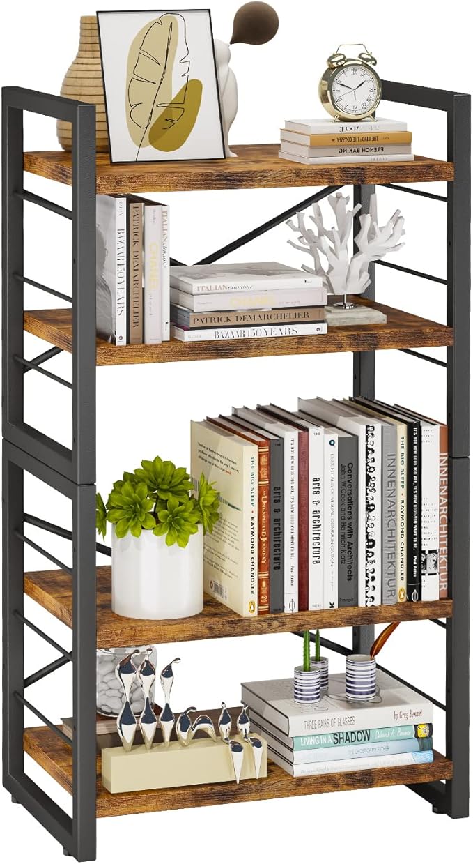 Bookshelf, 4 Tier Stackable Bookcase, Adjustable Industrial Book Shelf Storage Organizer for Desktop, Living Room, Bedroom, Office(Rustic Black and Brown) - LeafyLoom