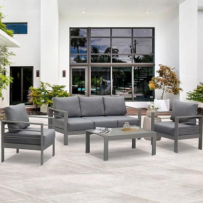 Wisteria Lane Aluminum Outdoor Patio Furniture Set, Modern Patio Conversation Sets, Outdoor Sectional Metal Sofa with 5 Inch Cushion and Coffee Table for Balcony, Garden, Dark Grey - LeafyLoom