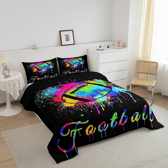 Feelyou Kids Football Comforter Set King Size Rugby Sports Game Bedding Set for Boys Girls Teens Bedroom Decor Tie Dye Comforter Women Men Soccer Player Duvet Set with 2 Pillow Case - LeafyLoom