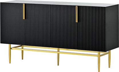 60" Modern 4-Door Elegant Sideboard with Gold Metal Handles and Legs,Storage Buffet Cabinet,W/Adjustable Shelves & Open Countertop,Console Table for Dining Living Room Hallway,Black - LeafyLoom