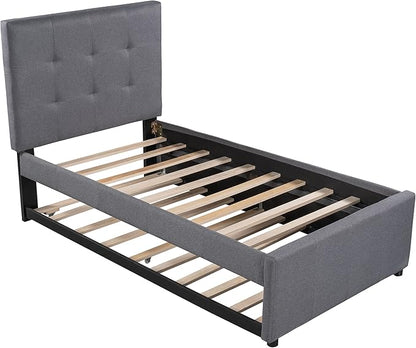 Twin Size Platform Bed, Linen Upholstered Bed Frame with Headboard and Trundle, Wood Slat Support, Gray - LeafyLoom