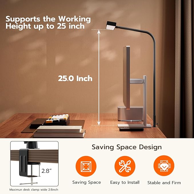 LED Desk Lamp, Architect Clamp Desk Lamps for Home Office, 20W Workbench Office Lighting with 3 Color Modes, and Stepless Dimming 23inch Wide Modern Desk Lamp for Reading - LeafyLoom