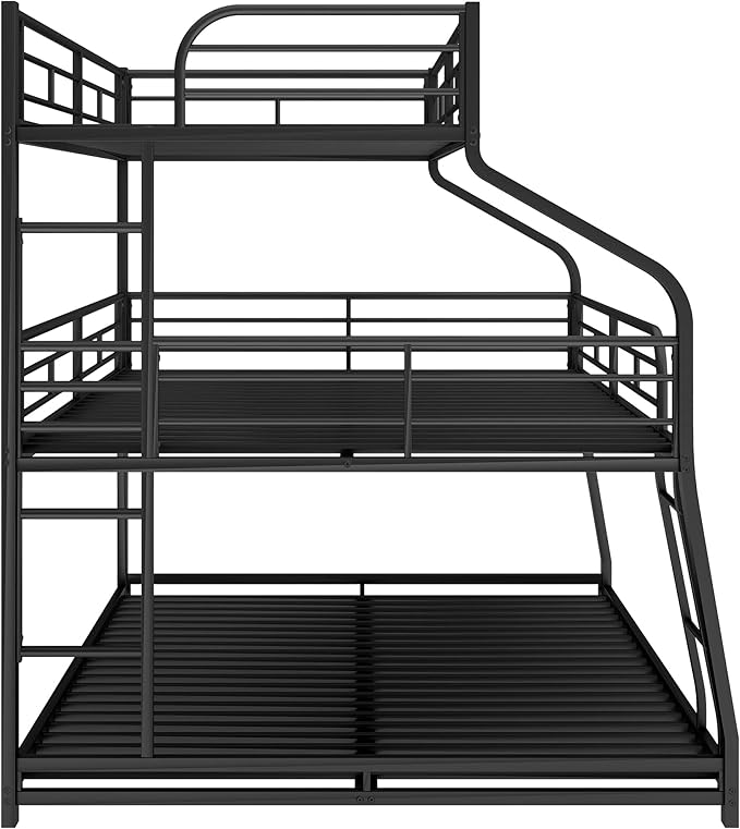 Twin XL/Full XL/Queen Triple Bunk Bed with Long and Short Ladder and Full-Length Guardrails,Metal Bed-Frame for Bedroom/Living Room/Apartment,Guest-Room,Black - LeafyLoom