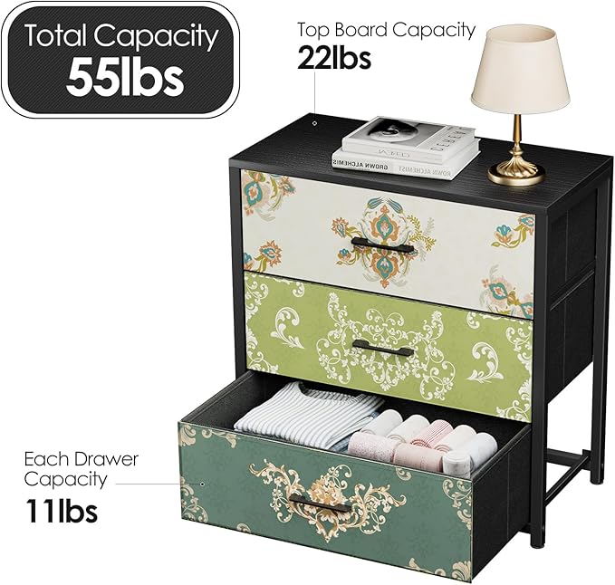 Nightstand, End Table, Bedside Table, Small Tall Boho Dresser for Bedroom with 3 Drawer, Chest of Drawers Fabric Dressers with Wood Top for Closet, Living Room, Retro Flower - LeafyLoom