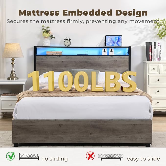 LED Full Bed Frame with 4 Storage Drawers & Charging Station, Platform Metal Bed Frame with Headboard, Noise-Free, No Box Spring Needed, Ancient gray - LeafyLoom