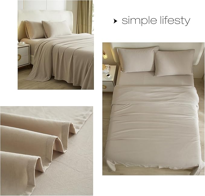 HighBuy Beige Full Size Sheet Set Extra Soft Deep Pocket Sheets Set,4 Piece Bed Fitted Sheets Fit 16 Mattress,Wrinkle,Fade,Stain Resistant Cooling Bed Sheets,Fitted Sheets,Pillowcases Set (Full,Beige) - LeafyLoom