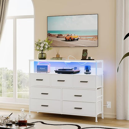 Dresser TV Stand with 7 Drawers, Dresser TV Stand with LED Lights & Power Outlets, Bedroom Dresser, Chest of Drawers up to 45'' Long TV, Wide Fabric Dresser with Open Shelf (White) - LeafyLoom