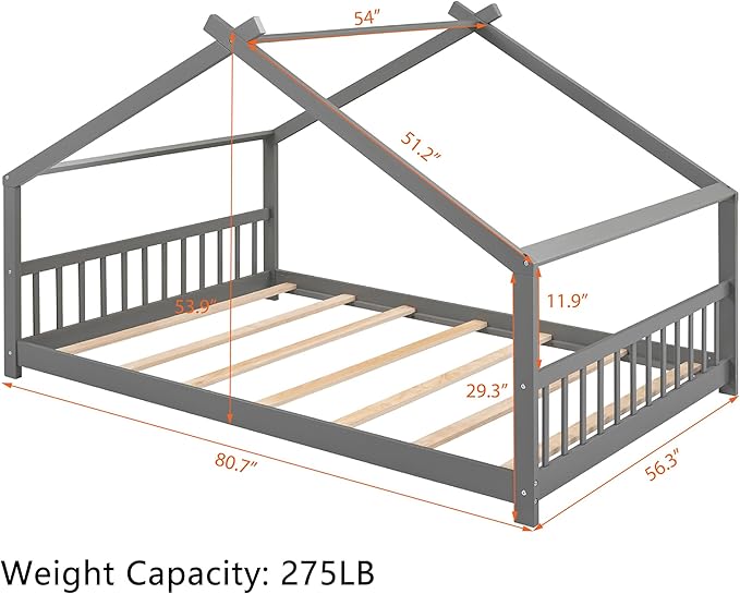 Montessori Floor Bed Frame Full Size, Full Floor Bed Frame with Headboard, Footboard and Slats, Wood Montessori Bed Frame/Montessori House Bed for Kids, Girls, Boys(Gray) - LeafyLoom