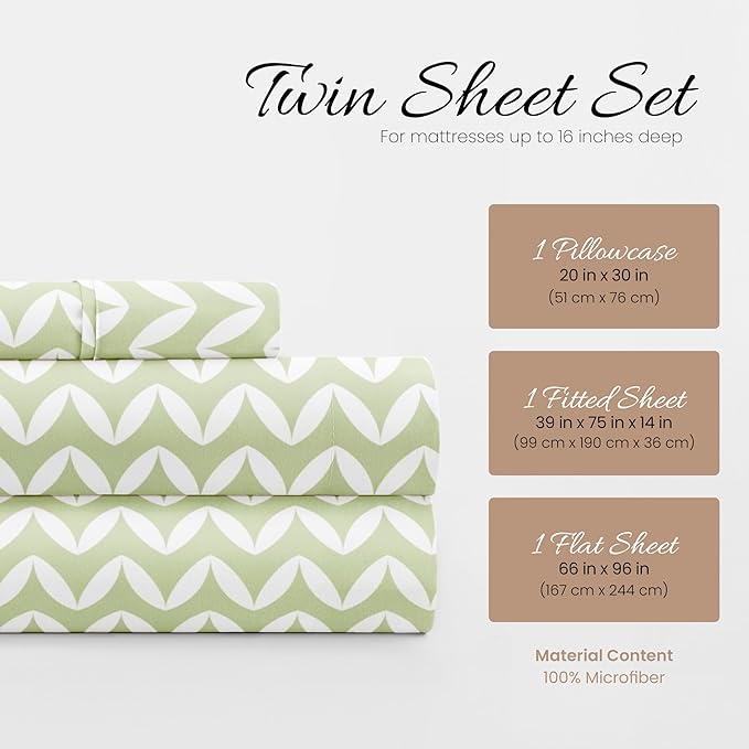 Linen Market 3 Piece Twin Bedding Sheet Set (Sage Chevron) - Sleep Better Than Ever with These Ultra-Soft & Cooling Bed Sheets for Your Twin Size Bed - Deep Pocket Fits 16" Mattress - LeafyLoom