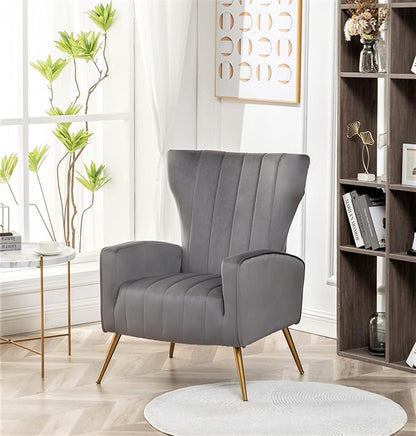 Armchair Modern Velvet Accent Chair, Channel Tufted Bedroom, Office or Living Room Furniture with Elegant Metal Legs, Grey - LeafyLoom