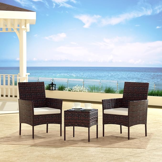 Patio Set 3 Piece Outdoor Rattan Porch Furniture with Tempered Glass Side Table & Cushion All Weather Conversation Bistro Set for Balcony,Deck,Porch (Brown/Beige) - LeafyLoom