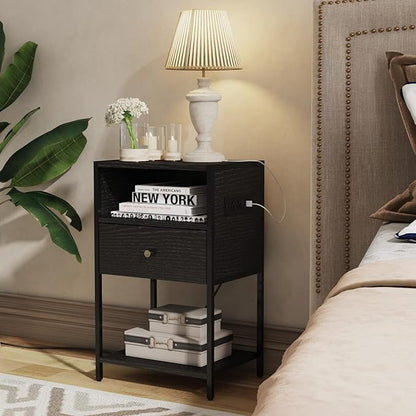 LDTTCUK Nightstand Set of 2 with Charging Station, Modern End Table with Drawer, Bedside Table with Open Storage for Bedroom,Black - LeafyLoom