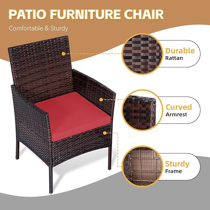 Patio Furniture Set 3 Pieces All-Weather Rattan Outdoor Furniture Patio Chairs with Tempered Glass Table for Porch Bistro Balcony Bistro Set(Brown/Red) - LeafyLoom