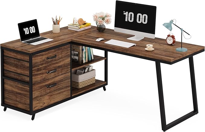 Reversible 53-inch L Shaped Desk with 3 Drawer, Farmhouse Corner Desk Gaming Table with Shelves and File Cabinet for Letter Size & Legal Size File for Home Office and Small Space - LeafyLoom