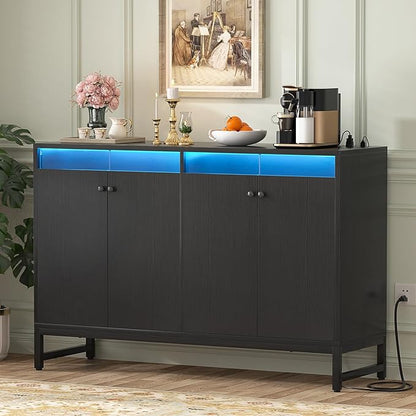 Aheaplus Sideboard Buffet Cabinet with Power Outlet, Kitchen Storage Cabinet with LED Light & Doors, Accent Cabinet Cupboard Buffet Table with Storage for Dining Room, Living Room, Hallway, Black - LeafyLoom