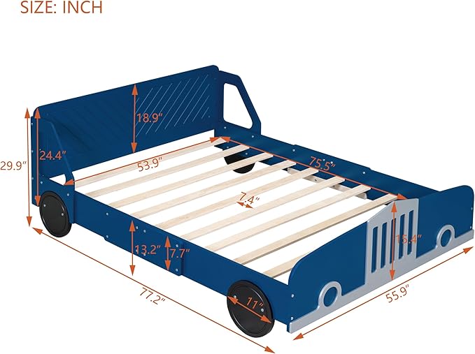 Full Size Car-Shaped Bed Frame for Kids,Wooden Platform Bed with Wheels and Side Rails for for Boys Girls,Wood Slat Supports,No Box Spring Needed,Blue - LeafyLoom