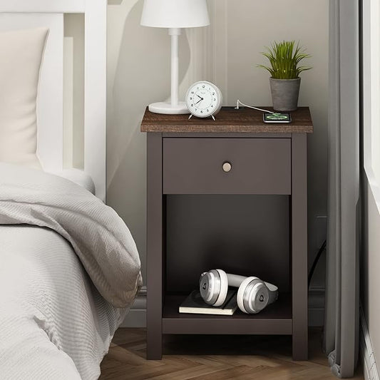 ChooChoo Nightstand with Charging Station, Wooden Top Bedside Table with Drawer and Storage Space for Bedroom, Espresso - LeafyLoom