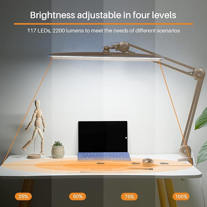 Task Lamp with Clamp, Bright 117PCS LEDs, Metal Swing Arm 24W 2200 Lumen Dimmable Led Desk Lamp for Architect Home Office Study Reading Dorm Workbench Craft, 23 Inch Lamp Head Work Lamp - LeafyLoom