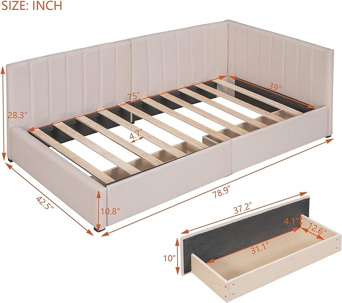 Twin Size Upholstered Daybed with 2 Storage Drawers,Solid Wood Sofa Bed Frame W/Linen Fabric Backrest,No Box Spring Needed,for Living Room Bedroom Apartment Beige - LeafyLoom