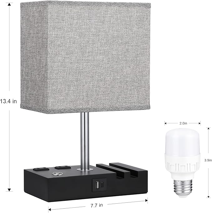 Kakanuo Nightstand Lamp for Bedroom with Dual USB Ports, Grey Touch Control Bedside Table Lamp with Charging Outlets and Phone Stands, 3-Way Dimmable Desk Lamp for Living Room, LED Bulb Included - LeafyLoom