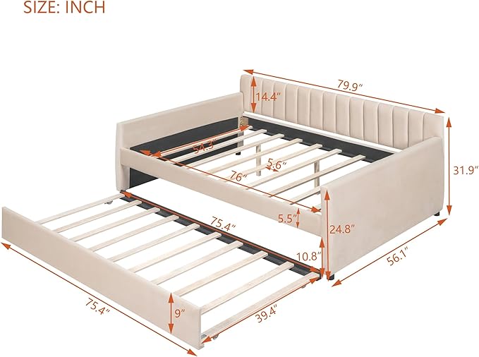 Full Size Velvet Upholstered Daybed with Trundle, Solid Wood Bed w/Vertical Stripes Designed Backrest and Pine Legs, for Living Room, Bedroom, Dorm, No Box Spring Needed - LeafyLoom