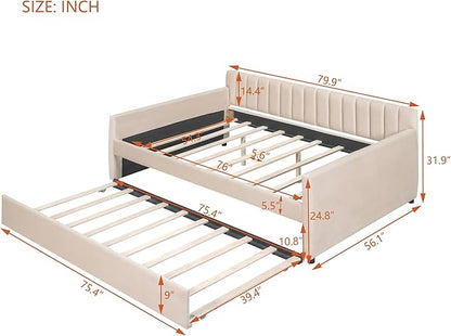 Full Size Velvet Upholstered Daybed with Trundle, Solid Wood Bed w/Vertical Stripes Designed Backrest and Pine Legs, for Living Room, Bedroom, Dorm, No Box Spring Needed - LeafyLoom