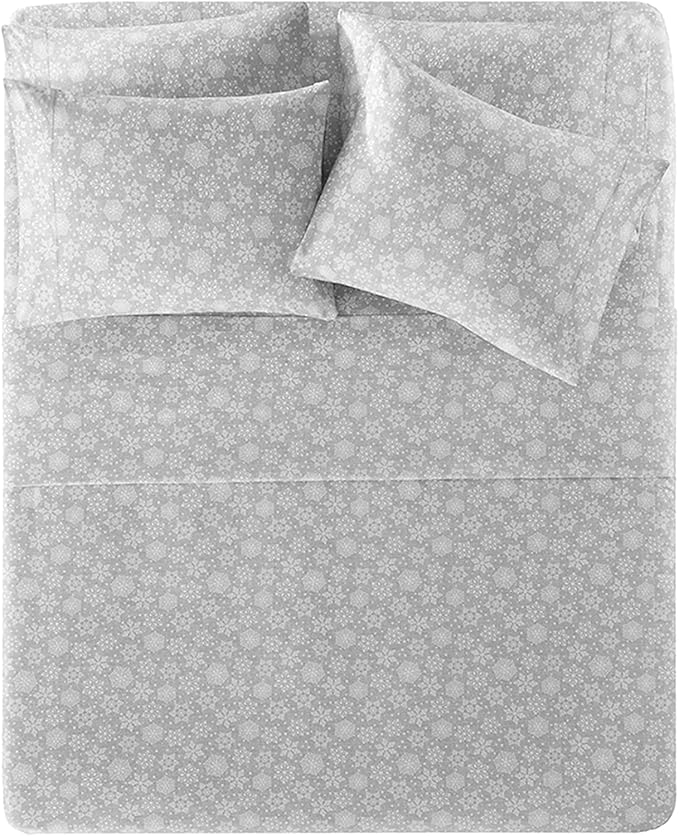 Comfort Spaces Cotton Flannel Breathable Warm Deep Pocket Sheets with Pillow Case Bedding, Cal King, Grey Snowflakes 4 Piece - LeafyLoom