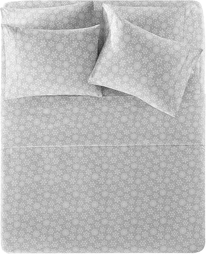 Comfort Spaces Cotton Flannel Breathable Warm Deep Pocket Sheets with Pillow Case Bedding, Cal King, Grey Snowflakes 4 Piece - LeafyLoom