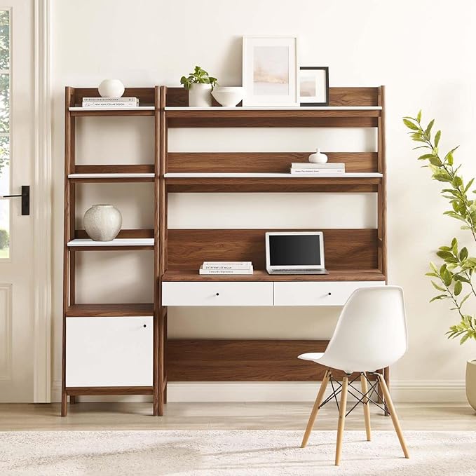 Modway Bixby 2-Piece Home Office Desk and Bookshelf Display Case in Walnut White - LeafyLoom