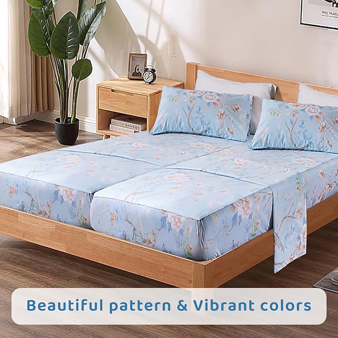 QSH 100% Cotton Floral Sheets for Split King Size Bed, Blue Flowers Plant Pattern Botanical Luxury Cotton Printed Floral Bedding Split King Sheet with Deep Pockets 17" Soft and Breathable 5pcs - LeafyLoom