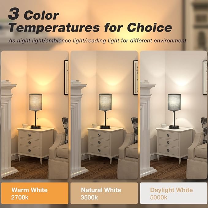 Dicoool Black Bedroom Lamps 3 Color Temperatures - 2700K 3500K 5000K Small Bedside Lamps with USB C and A Ports, Pull Chain Table Lamps with AC Outlet, Black Nightstand Lamps for Kids Sleeping - LeafyLoom