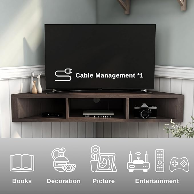 24/7 Shop at Home French 47 inch Modern TV Stand with Storage, Floating Corner Shelf for Wall, Wood Entertainment Center with Shelves for Living Room, Bedroom, Family, OneSize, Walnut Brown - LeafyLoom