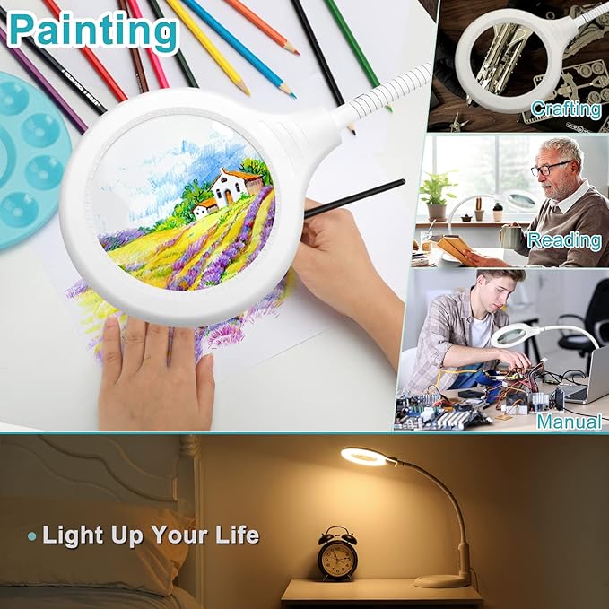 5X Magnifying Glass with Light and Clamp, 5 Color Modes Stepless Dimmable Lighted Magnifier with Stand, Flexible Gooseneck LED Desk Lamp Hands Free for Craft Painting Hobby Close Work - LeafyLoom