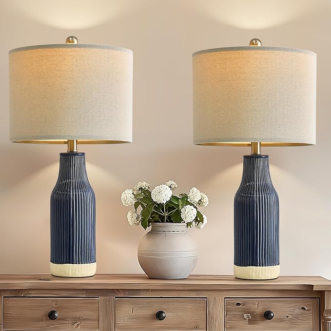 23.75" Modern Blue Ceramic Table Lamp Set of 2 for Living Room, Farmhouse Bedside Nightstand Lamp for Bedroom Home Office Dorm - LeafyLoom