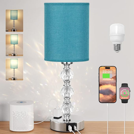 Green Touch Bedside Lamps for Bedrooms - Crystal Table Lamp with USB C+A Charging Port and AC Outlet Nightstand, 3 Way Dimmable Silver Small End Side Table Lamp for Living/Guest/Dinning Room/Kitchen - LeafyLoom