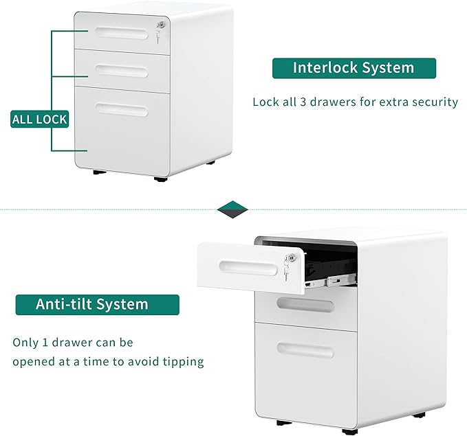 YITAHOME 3-Drawer Metal Mobile File Cabinet, Rolling Filing Cabinet with Lock, Filing Cabinet Under Desk fits Legal/A4 Size for Home/Office, Fully Assembled,White - LeafyLoom