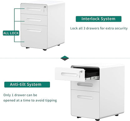 YITAHOME 3-Drawer Metal Mobile File Cabinet, Rolling Filing Cabinet with Lock, Filing Cabinet Under Desk fits Legal/A4 Size for Home/Office, Fully Assembled,White - LeafyLoom