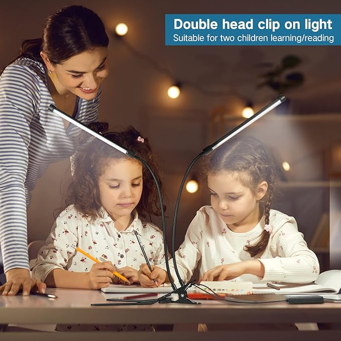 Clip on Lamp, Dual Head Bright Eye-Care 3 Color Mode Desk Lamp with Clamp, 5 Level Dimmer Clip on Light, 360 °Adjustable Clip on Desk Lamp for Reading, Working, Bedroom, Music Stand - LeafyLoom