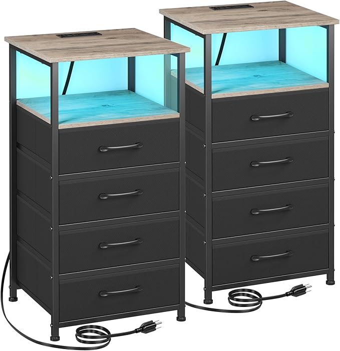 Nightstands Set of 2, Large End Tables Living Room, Bed Side Tables with Charging Station, 30" Tall Night Stand with 4 Fabric Drawers and LED Light Strip for Bedroom HNS014GY - LeafyLoom