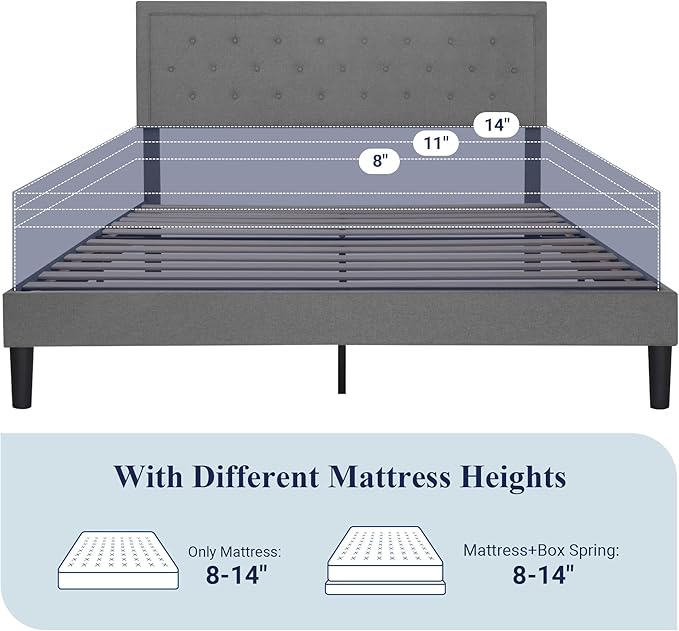 Allewie King Size Bed Frame Upholstered Platform Bed with Adjustable Headboard, Button Tufted, Wood Slat Support, Easy Assembly, Light Gray - LeafyLoom