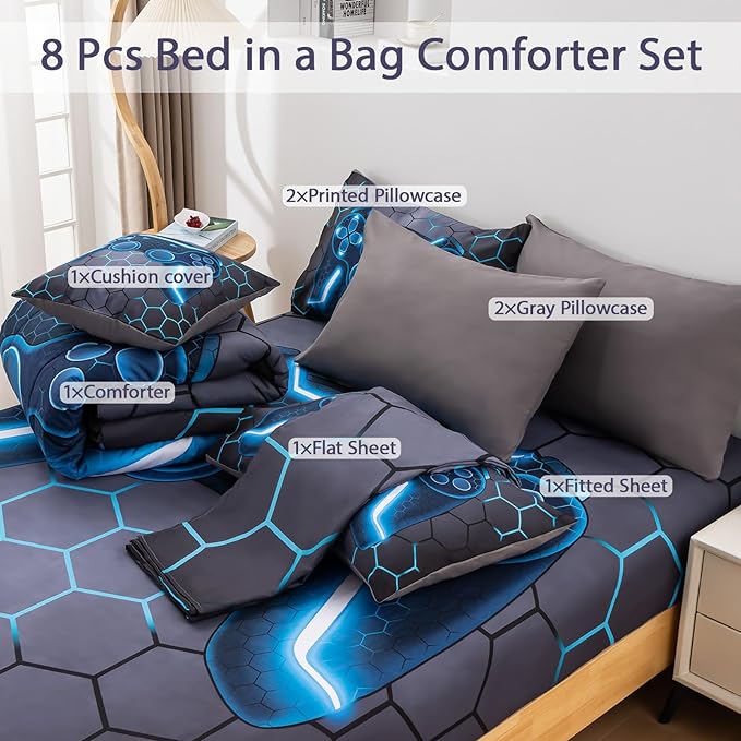 8Pcs Game Console Comforter Set with Sheets for Boys Girls Kids Teens, Geometric Gaming Themed Bed in A Bag Full Size, Blue 3D Video Gamer Controller Bedroom Decor Bedding Set-Blue - LeafyLoom