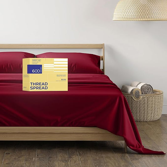 THREAD SPREAD 100% Egyptian Cotton Sheets California King Size - 600 Thread Count 4 PC Luxury Sheets Cal King Size, Soft, Cooling Hotel Luxury Sheets & Pillowcases, Fits Mattress upto 18" - Burgundy - LeafyLoom