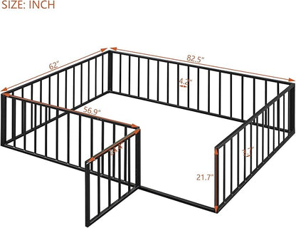 RITSU Queen Size Metal Floor Fence Bed, Montessori Bedframe, with Safety Guardrail and Door, for Children Bedroom, Boys Girls, Apartment, Strong & Durable, Easy to Assemble, Black - LeafyLoom