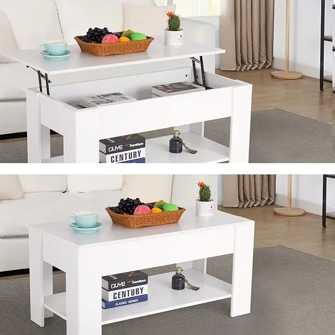 FDW Lift Top Coffee Table with Hidden Compartment and Storage Shelf Wooden Lift Tabletop for Home Living Room Reception Room Office (White) - LeafyLoom