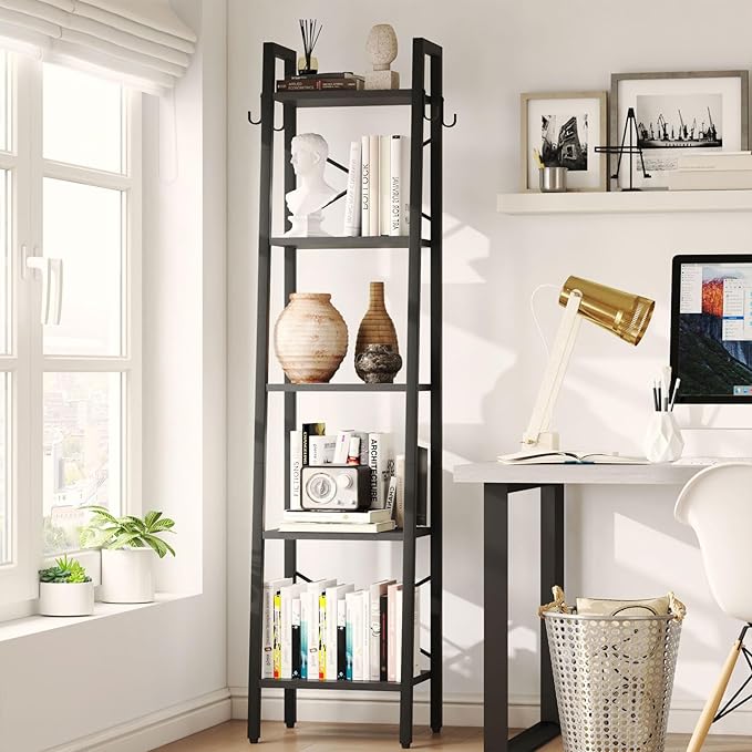 YMYNY 5 Tiers Ladder Bookcase, Industrial Narrow Bookshelf, Open Display Rack with 4 S Hooks, Metal Storage Shelves for Bedroom, Home Office, Living Room, Black, 63H*13.4L*11.8W, UHBC025B - LeafyLoom