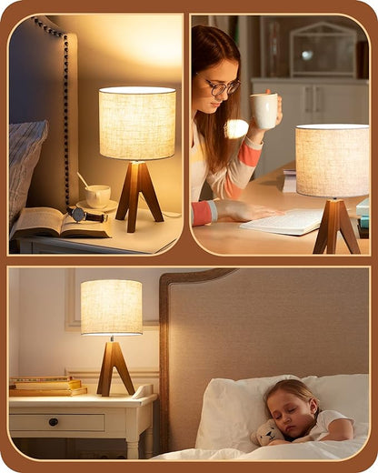 EDISHINE Tripod Table Lamp, Small Cute Bedside Lamp with Linen Beige Lampshade, Nightstand Lamp for Nursery, Bedroom, Kid Room, Living Room, Light Brown Wooden Base, E26 Socket, 14.2 Inch - LeafyLoom