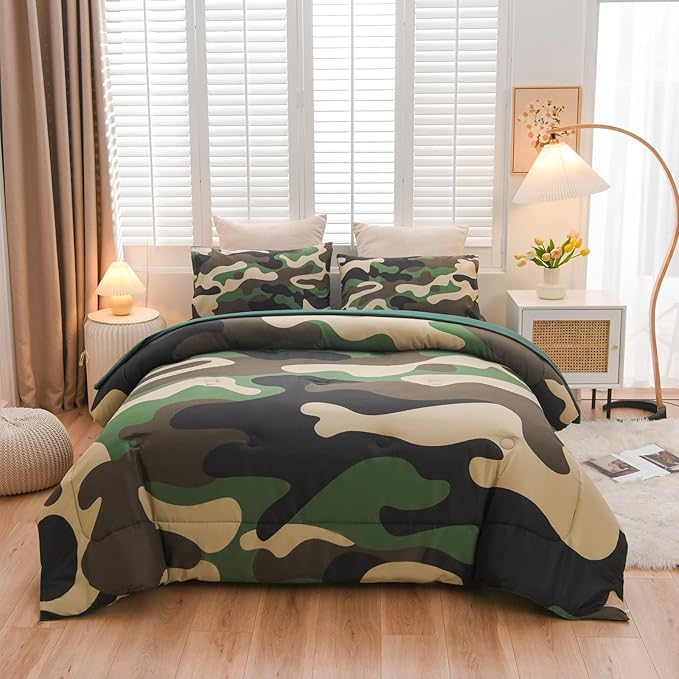 Meeting Story Camouflage Bedding Set, Colorful Pattern Style Comforter Set, 5 PCS One Comforter Two Pillowcases Two Sheets in One Bag, All Season Bedspread for Teens Adults (Green, Full 5Pcs) - LeafyLoom