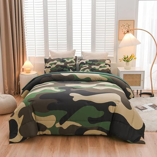 Meeting Story Camouflage Bedding Set, Colorful Pattern Style Comforter Set, 5 PCS One Comforter Two Pillowcases Two Sheets in One Bag, All Season Bedspread for Teens Adults (Green, Full 5Pcs) - LeafyLoom